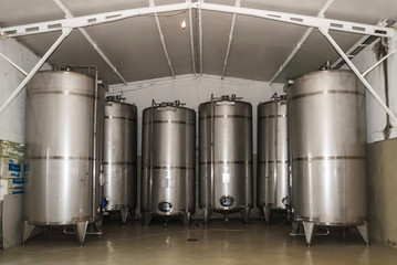 Metal tanks for wine fermentation at the manufacture