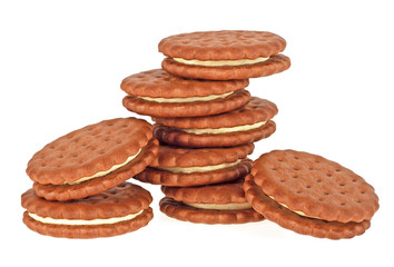 Chocolate sandwich cookies with cream on a white background