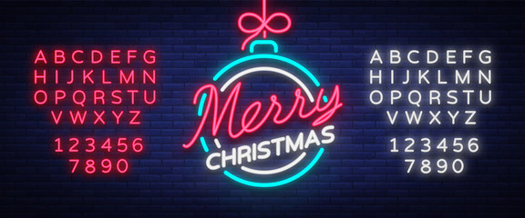 Merry christmas and a happy new year. Greeting card or invitation pattern in neon style. Neon luminous signboard, bright luminous banner. Vector vintage illustration. Editing text neon sign © Ivan