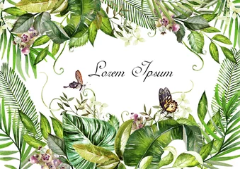 Gardinen Dschungel Watercolor card with beautiful butterflies and green leaves.  Illustration  © knopazyzy