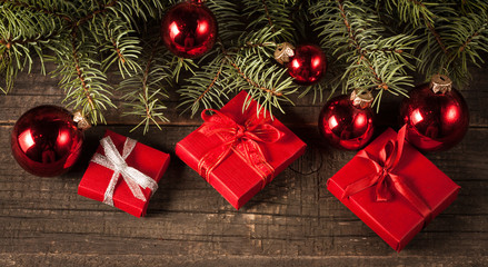 Luxury New Year gifts, different present boxes under Christmas tree in holiday eve, Christmastime celebration, home decorated with festive shiny balls, magic night