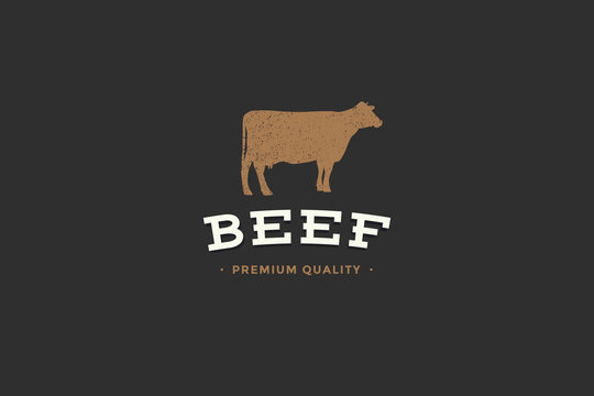 Emblem of Butcher shop with picture of silhouettes cow and writing beef premium quality. Design elements for meat stores, packaging and advertising. Vector Illustration.