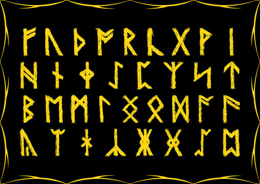 Hand sketched golden rune alphabet background