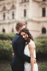 Beautiful wedding couple, bride, groom kissing and hugging against the background of theater