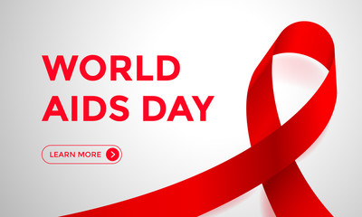 World AIDS day red ribbon web banner background for 1 December awareness world day logo. Vector HIV and AIDS ribbon symbol or emblem badge on pink background design template - Powered by Adobe