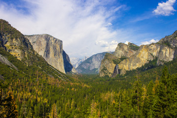 Views of El Capitan and Yosemite Valley from the Tunnel View observation area. Yosemite National...