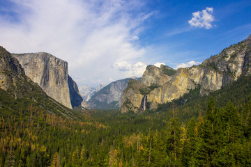 Views of El Capitan and Yosemite Valley from the Tunnel View observation area. Yosemite National Park, California. A World Heritage Site since 1984