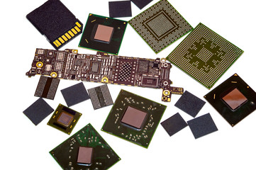 Сircuit board, processors and RAM chips isolated on white.