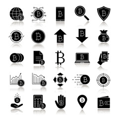 Bitcoin drop shadow black glyph icons set