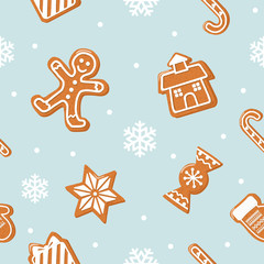 Fototapeta na wymiar Christmas seamless background. Gingerbread man, house, candies on pastel blue.
