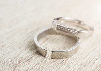 Cracked silver wedding ring on wood,Divorce and ending relationship concept