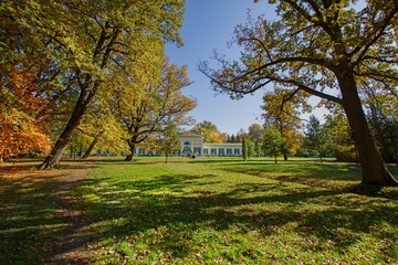 Colonnade of mineral water springs in autumn - Frantiskovy Lazne (Franzensbad) - great Bohemian spa...