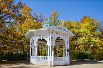 Wooden musical pavilion in autumn - Frantiskovy Lazne (Franzensbad) - great Bohemian spa town is...