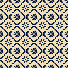 Seamless woodblock printed ethnic pattern. Vector floral geometric ornament, traditional Russian folk motif with daisy flowers and diamond print, indigo blue on ecru background.  - 179885027