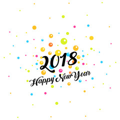 Happy New Year text on background with colorful circles explotion, vector illustration. 2018 year text logo.