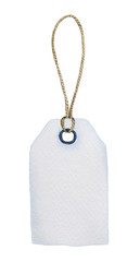 Blank white card note tag tied with natural jute string. Single object, classical rectangular shape, top view. Hand drawn watercolor illustration, textured paper, isolated on white background.