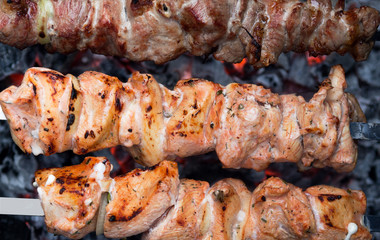 Barbecue Grill. Juicy Shish kebab on skewers fried on hot coals. Closeup  of meat skewers.