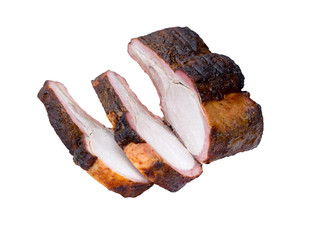 Grilled juicy meat.  Roasted pork slices isolated on white.