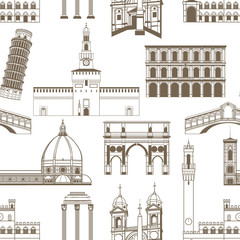 Seamless Pattern with Famous Italian Landmarks. Hand Drawn Background for Web Banners Cards. Vector Illustration of Famous Historical Buildings 