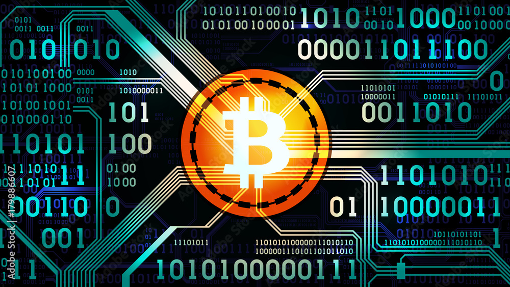 Poster symbol of cryptocurrency bitcoin on the background of binary code and printed circuit board, well or
