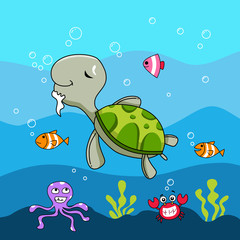 Naklejka premium the old turtle. underwater life background