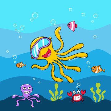 yellow octopus. underwater life background
