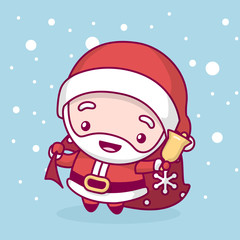 Lovely cute kawaii chibi. santa claus with a bag of gifts and a bell under a snowfall. Merry christmas and a happy new year.