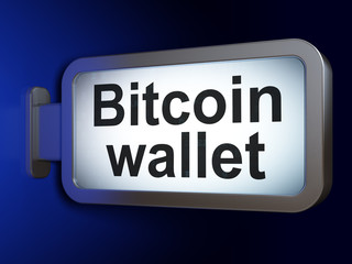 Cryptocurrency concept: Bitcoin Wallet on advertising billboard background, 3D rendering