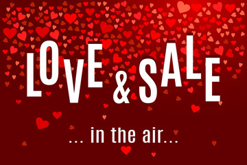 Valentine's day Love and Sale in the air banner template with red hearts on dark wine background. Shop market poster for your holiday design. Vector illustration