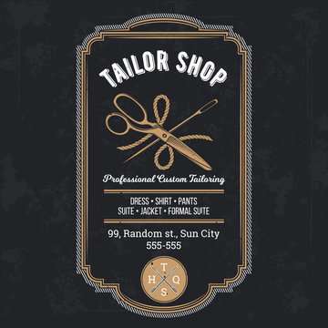 Tailor shop emblem or signage with logo and business information vector illustration in retro style. Custom, individual sewing handiwork small business brand sticker, label or badge design template