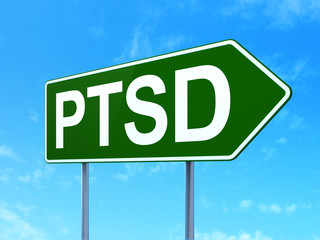 Healthcare concept: PTSD on green road highway sign, clear blue sky background, 3D rendering