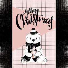 vector christmas greeting card with hand lettering phrase - merry christmas - and bear on halftone background