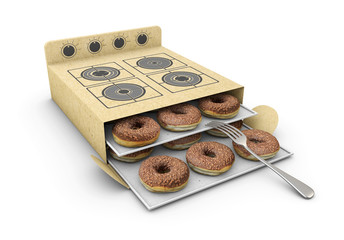 Cardboard Cooker and Fork with Cake inside, Isolated on White Background. 3d Illustration