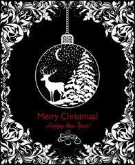 Graficzna Ilustracja Świąteczna - z zimowym krajobrazem, jeleniami i ośnieżonymi jodłamii.