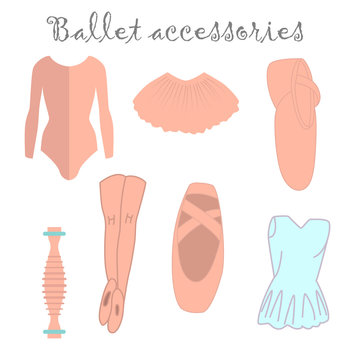 Ballet accessories icons set in cartoon style