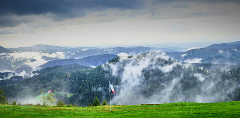 Dramatic sky at rainy day in Black Forest in Germany / Wide panoramic photo of Black Forest nearby Freudenstadt