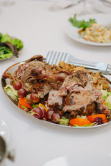 Christmas turkey on restaurant white table.