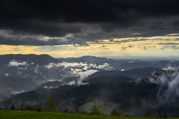 Dramatic sky at rainy day in Black Forest in Germany / Wide panoramic photo of Black Forest nearby Freudenstadt