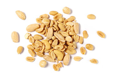Mix of roasted and salted peanuts, cashew nuts, almonds and hazelnut isolated on white background, top view
