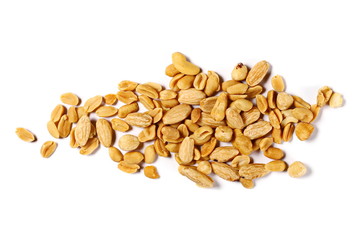 Mix of roasted and salted peanuts, cashew nuts, almonds and hazelnut isolated on white background, top view
