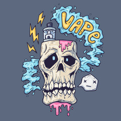 cartoon skull exhales steam. Illustration for vape industry