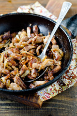 Meat fried with onions in a frying pan
