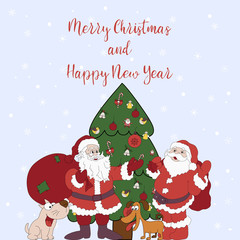 Merry Christmas and Happy New Year. Cartoon greeting card with two Santa Clauses and puppies near the Christmas tree on the background snowflakes. Cute illustration for a postcard, poster,  banner.