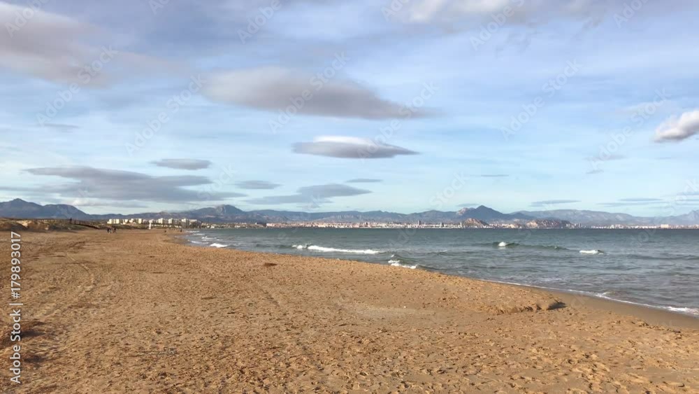 Poster Video of a long Sand Beach with the sea surf. Alicante, Spain 