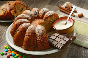 chocolate cake and yogurt with ingredients around