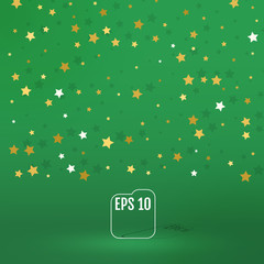 Template for display or montage of product. Gold Star Confetti on Green color studio room background. Business backdrop. Material design concept. Vector illustration
