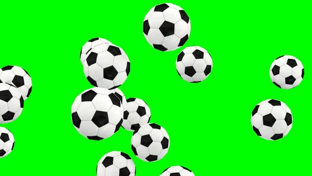 Animated simple soccer balls with white and black material dancing, flying or jumping against green background and in slow motion. Close up shot and front camera view