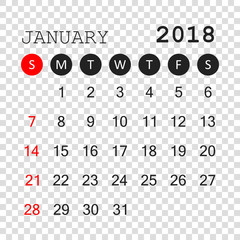 January 2018 calendar. Calendar planner design template. Week starts on Sunday. Business vector illustration.
