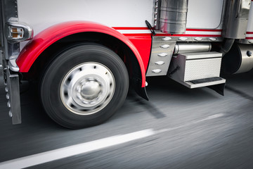 Close-up shot of 18 wheeler truck on highway