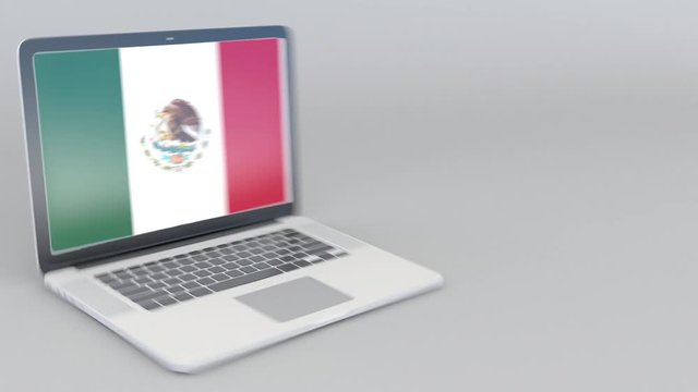 Opening and closing laptop with flag of Mexico on the screen. Tourist service, travel planning or cultural study concepts